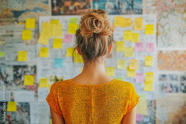 Fototapeta Woman Standing in Front of Sticky Notes and Mood Boards – Creative Office Brainstorming, Planning, and Design Concept in a Professional Workspace