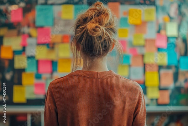 Fototapeta Woman Standing in Front of Sticky Notes and Mood Boards – Creative Office Brainstorming, Planning, and Design Concept in a Professional Workspace