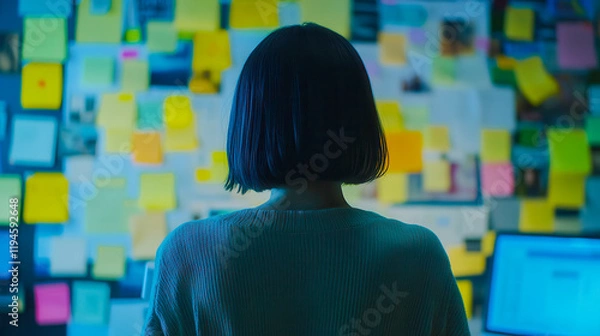 Fototapeta Woman Standing in Front of Sticky Notes and Mood Boards – Creative Office Brainstorming, Planning, and Design Concept in a Professional Workspace