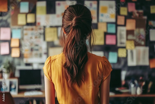 Fototapeta Woman Standing in Front of Sticky Notes and Mood Boards – Creative Office Brainstorming, Planning, and Design Concept in a Professional Workspace