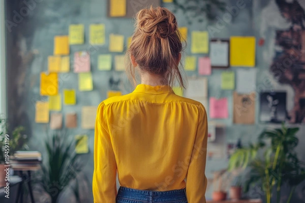 Fototapeta Woman Standing in Front of Sticky Notes and Mood Boards – Creative Office Brainstorming, Planning, and Design Concept in a Professional Workspace