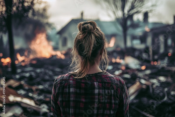 Fototapeta Woman Surveying Burned Home After Fire – Emotional Scene from Behind, Post-Fire Destruction, Disaster Aftermath, Home Loss, and Tragedy Recovery