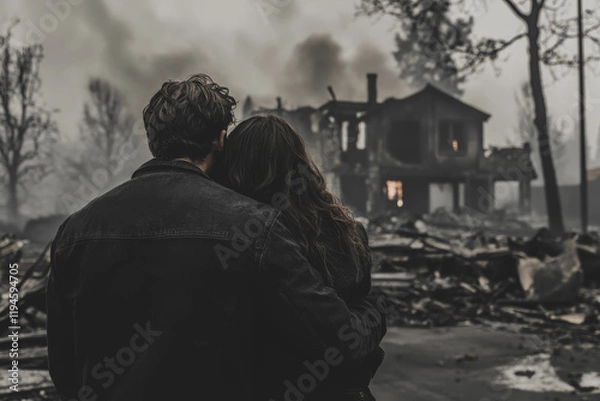 Fototapeta Sad Couple Crying in Front of Destroyed Home After Fire – Emotional Aftermath of Wildfire, Shot from Behind, Tragedy and Loss in Disaster Scene