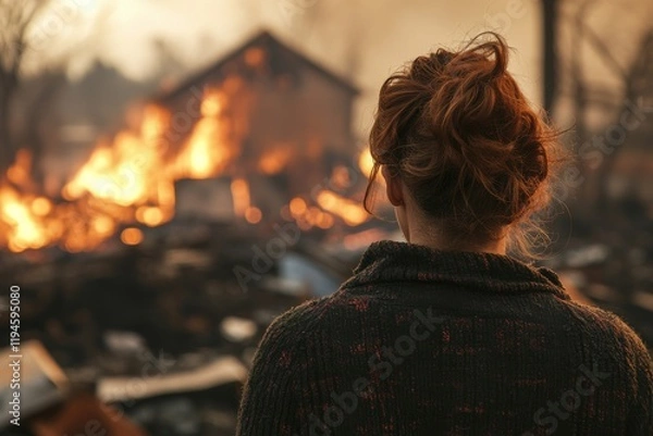 Fototapeta Woman Surveying Burned Home After Fire – Emotional Scene from Behind, Post-Fire Destruction, Disaster Aftermath, Home Loss, and Tragedy Recovery