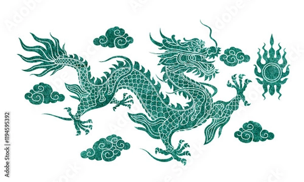 Fototapeta Lucky Chinese dragon graphics marble texture patterns on a flat colored background.	
