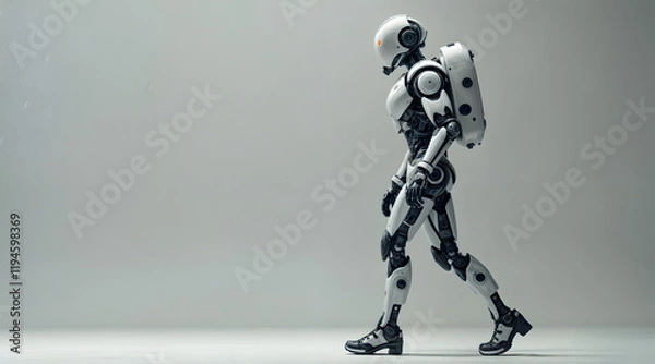Fototapeta Futuristic humanoid robot walking in a neutral studio setting