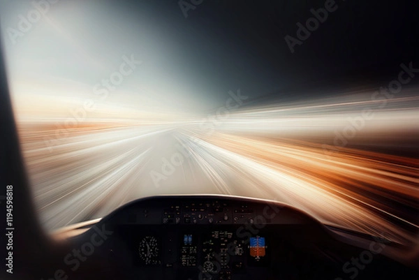 Fototapeta A dramatic cockpit perspective of an airplane soaring through the clouds, capturing the sensation of speed and adventure as the landscape blurs into vibrant colors.