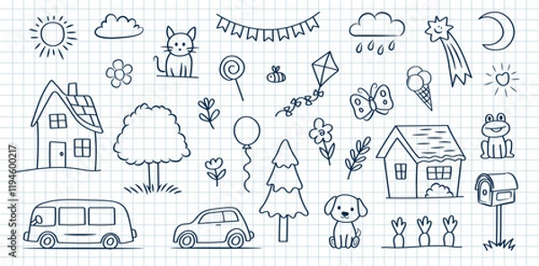 Fototapeta Cute doodle set of naive children's drawings. House, tree, cat, dog, etc. on the background of a notebook sheet. Vector background.