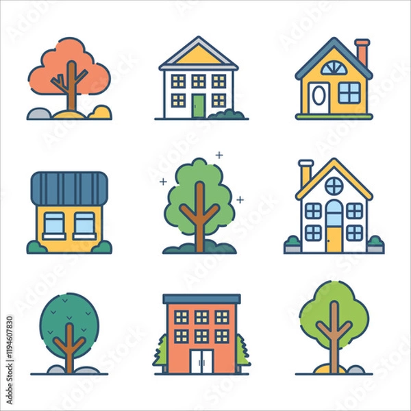 Fototapeta Icon set of cute tiny houses, Small buildings and different type of tree in flat style isolated on white background, Design element. Vector illustration.
