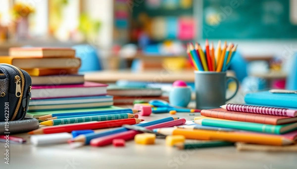 Fototapeta Colorful school supplies arranged on a desk in a bright classroom during the school day