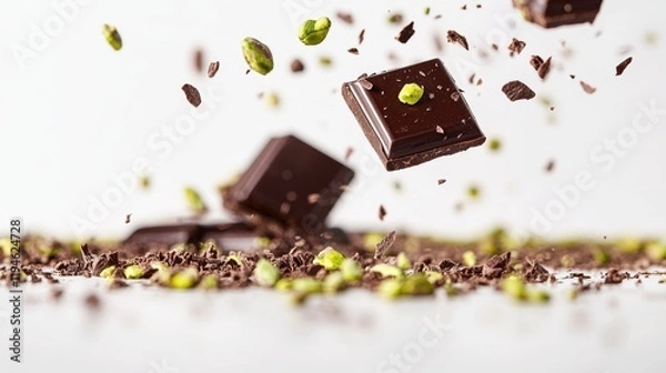 Obraz Dubai Chocolate Kunafa Pistachio on white background,Dubai Chocolate bar with green kadayif and pistachio spread,popular and viral chocolate 2024,space for text.