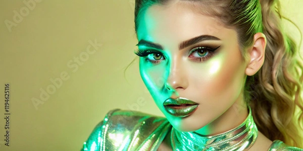 Fototapeta Creative fashion model with striking metallic green lips against a bright orange background. Perfect for cosmetics and editorial content.