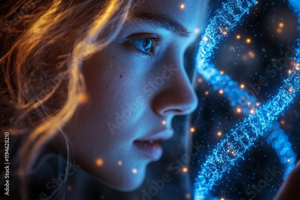 Fototapeta A woman gazes intently at a glowing digital DNA strand, highlighting themes of scientific curiosity and the intersection of technology and nature.