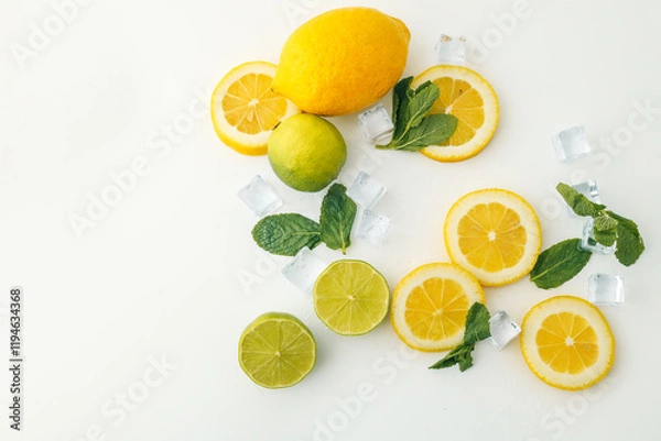 Fototapeta Fresh lime and lemon halves with mint leaves and ice cubes on a white background. A vibrant composition showcasing citrus fruits, perfect for healthy food, drinks, or summer themes