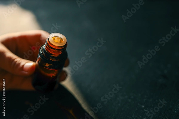 Fototapeta Close-up of a hand holding a small amber essential oil bottle on a dark textured surface. Minimalistic composition with warm lighting highlighting the natural tones