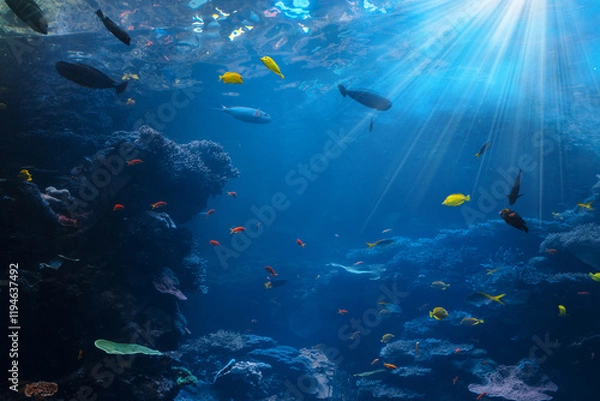 Fototapeta Tropical Scene With Sea Life In The Reef, underwater view.