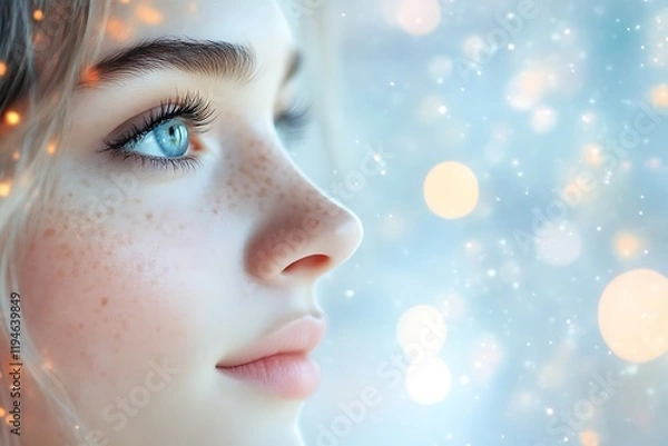 Obraz Close-up profile of a freckled girl with blue eyes, dreamy winter bokeh background.