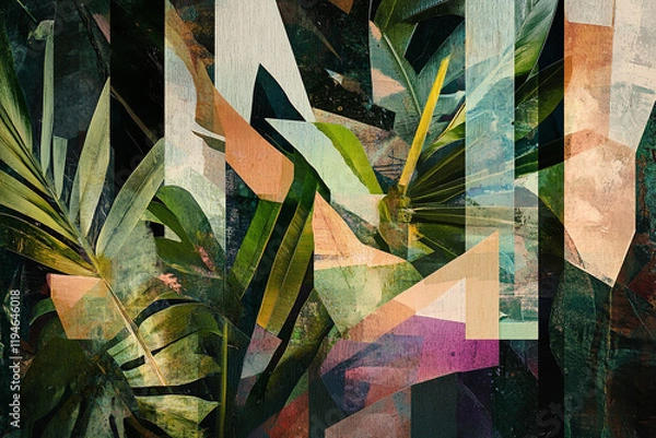 Fototapeta The image is a digital collage featuring abstract, geometric shapes overlaid with various shades of green and other colors, creating a tropical, jungle-like effect