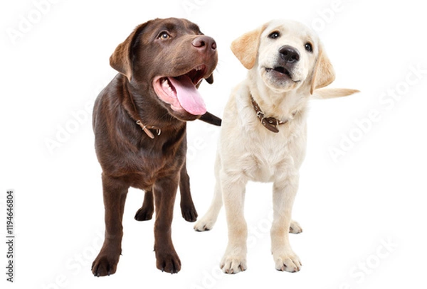 Fototapeta Two cute curious labrador puppies standing together isolated on white background