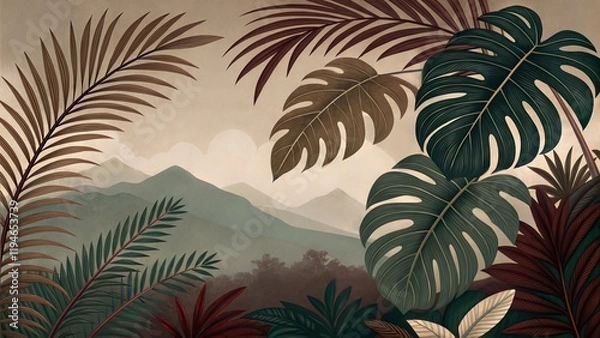 Fototapeta Tropical foliage illustration with mountains in the background, serene nature scene, exotic aesthetic