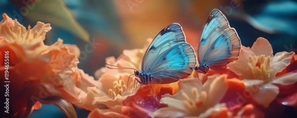 Fototapeta Two butterflies resting on the same vibrant flower, 4k photo.