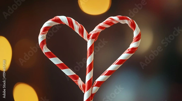 Fototapeta Two red and white striped straws forming a heart shape 