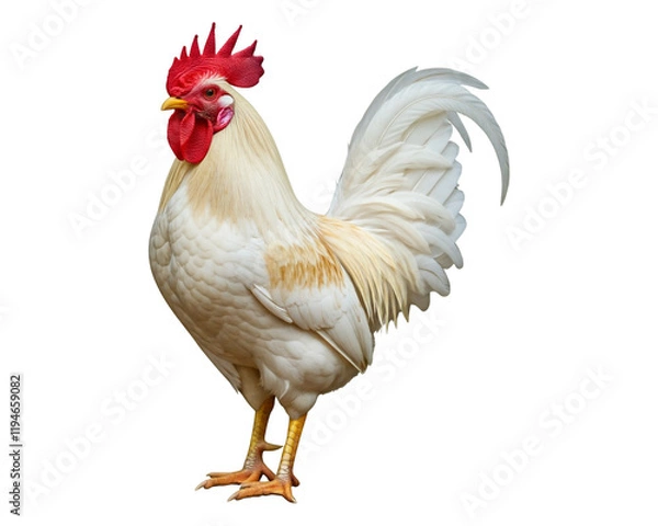 Fototapeta a white rooster standing tall against a plain white background, full body view with sharp focus on the subject
