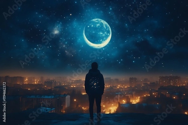 Fototapeta Person silhouetted against a crescent moon and cityscape at night.