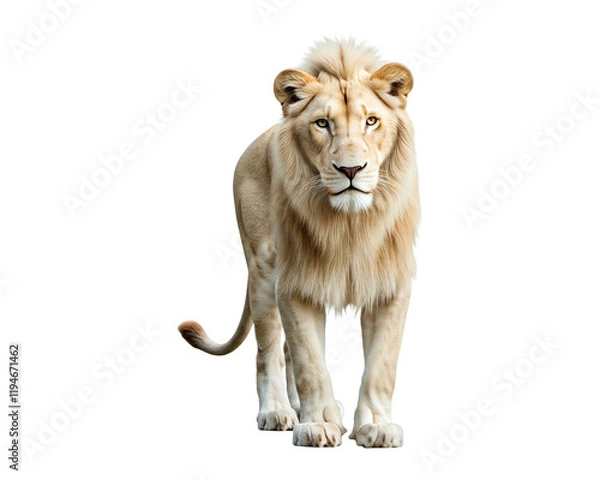 Fototapeta A majestic white lion, full body, standing against a white background.