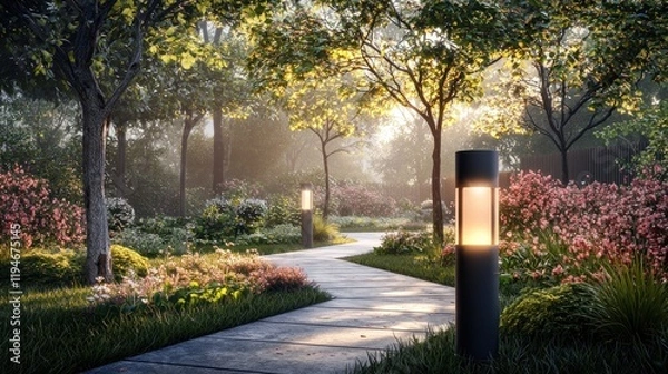 Fototapeta Serene sunrise path in a lush garden with illuminated pathway.
