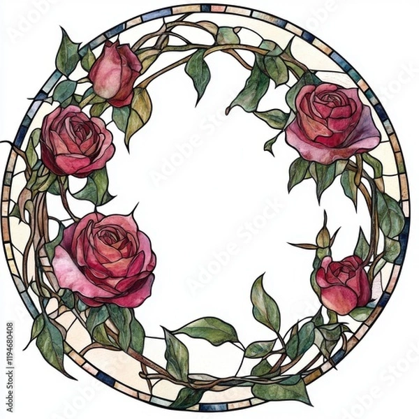 Fototapeta Stained Glass Rose Border Design with Thorns in Watercolor Style