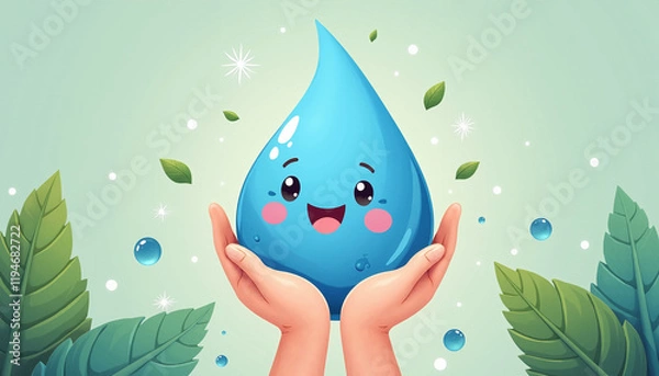 Fototapeta Happy cartoon water droplet held by hands with leaves