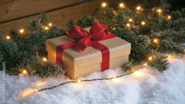 Fototapeta Christmas Gift Wrapped in Kraft Paper with Red Ribbon on Snowy Surface