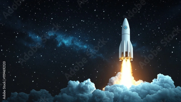 Fototapeta White rocket launching into the starry sky with clouds below