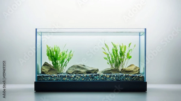 Fototapeta Fish tank aquarium with no water and fish on white background. Empty fishbowl. Nobody