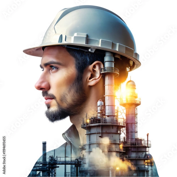 Obraz Portrait Industrial Worker Refinery Double Exposure Design man oil gas plant power image  
