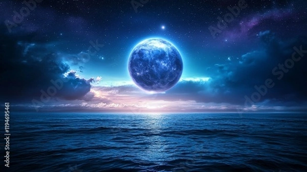 Fototapeta A Stunning Celestial Sphere Glowing Tranquilly Above a Serene Ocean at Dusk, Illuminating the Night Sky and Creating a Dreamlike Atmosphere
