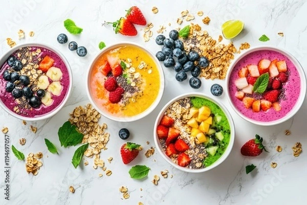Fototapeta Four vibrant smoothie bowls topped with fresh fruit, granola, and chia seeds, a healthy and delicious breakfast or snack.