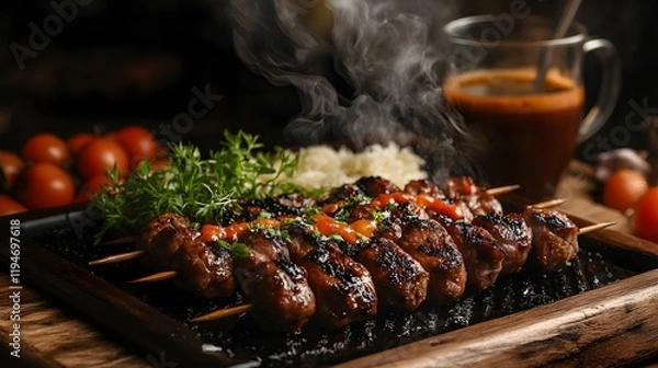 Fototapeta Grilled meat skewers with herbs and iced beverage.
