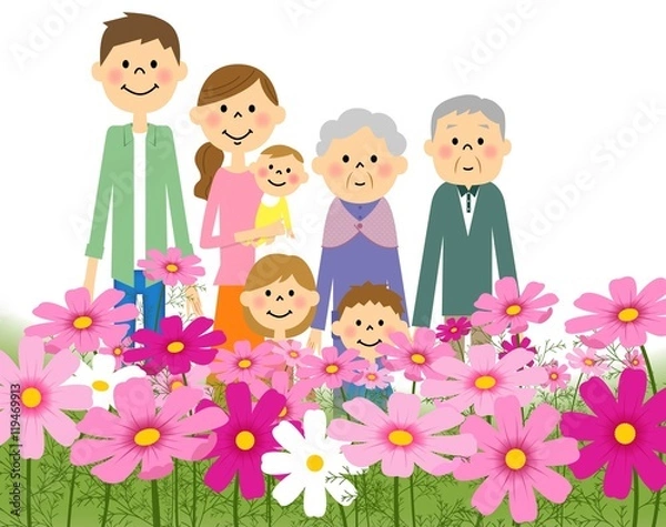 Fototapeta コスモス畑　三世代家族