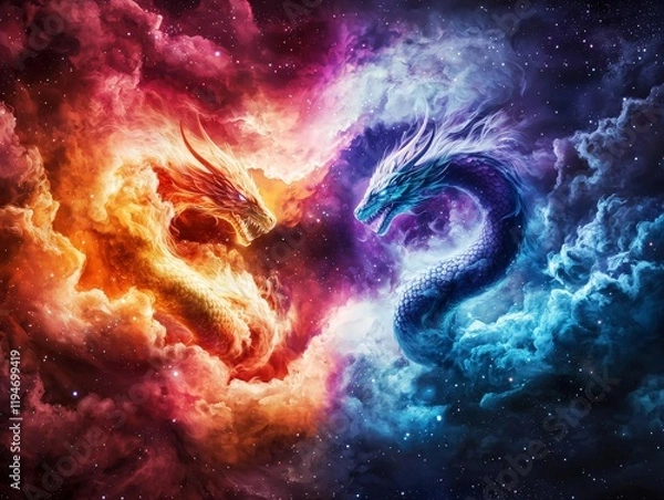 Fototapeta Celestial Dragons Composed of Light and Stardust Twisting in a Cosmic Dance Amidst Vibrant Nebulae and Starry Skies, Capturing the Essence of Fantasy and Imagination