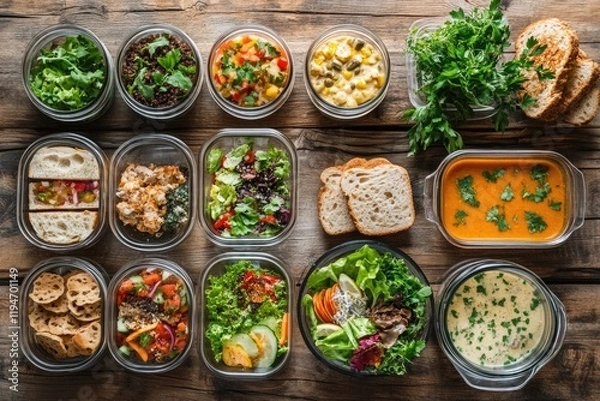 Fototapeta Assorted healthy meal preps in glass containers on wooden table.