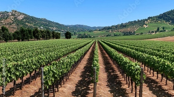 Fototapeta Rows of lush grapevines in a sunny vineyard landscape.
