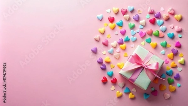 Obraz A pastel gift with a pink ribbon surrounded by colorful hearts on a pink background