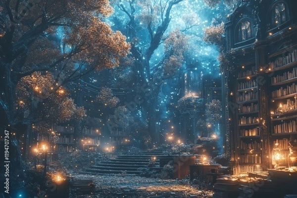Fototapeta A mystical library set within an enchanting forest, illuminated by soft glowing lights and surrounded by large trees, embodies magic and wonder in a surreal setting.