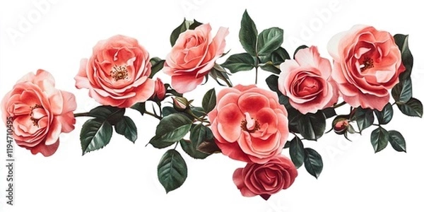 Fototapeta Vibrant rosy roses in shades of pink and coral arranged elegantly on a white background with green leaves, creating a fresh floral composition.