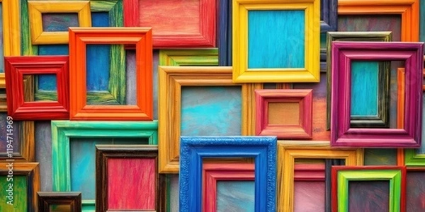 Fototapeta Vibrant collage of colorful picture frames in various sizes arranged against a textured background showcasing energetic hues of red, blue, green, and yellow.