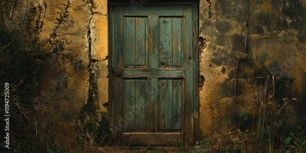 Fototapeta Aged wooden door with teal paint against a textured yellow wall surrounded by lush green grass and overgrown plants creating a rustic atmosphere