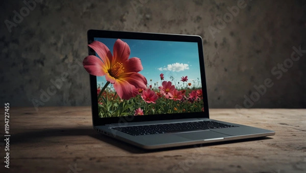 Fototapeta Flower coming out off laptop screen. Human civilization progress concept. Advance and eco-friendly technology idea. With copy space.