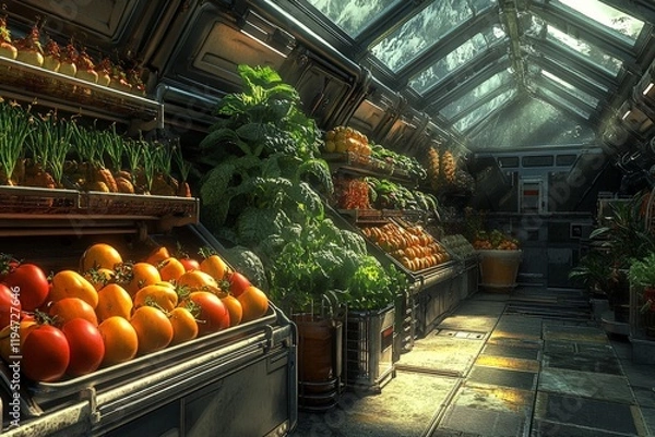 Fototapeta A futuristic hydroponic farm inside a spaceship, showcasing various plants and vegetables growing under controlled conditions with artificial sunlight.